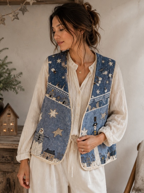 Other - Vintage Winter Snowman Patchwork Vest Blue Cream Christmas Holiday Cottagecore
